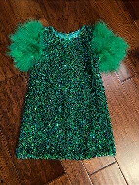 Lola + The Boys Green Sequin Dress with Feather Puff Sleeves
